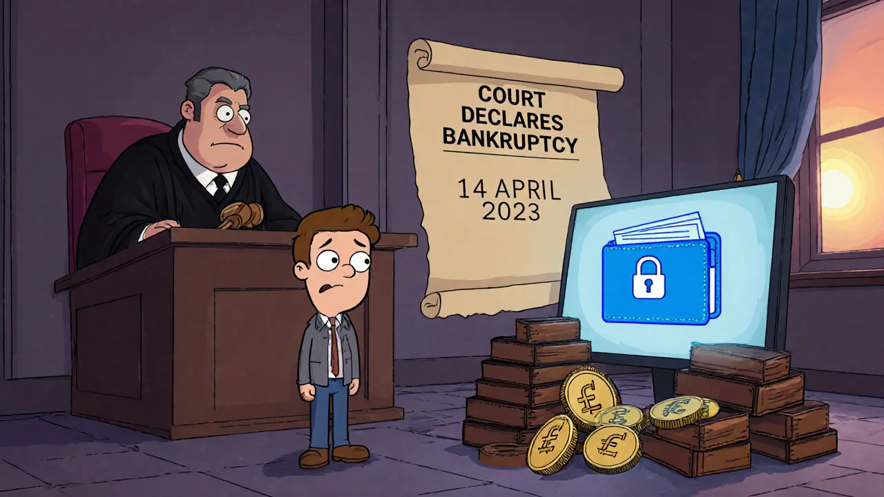 Cartoon courtroom showing frozen crypto wallets and a sad trader.