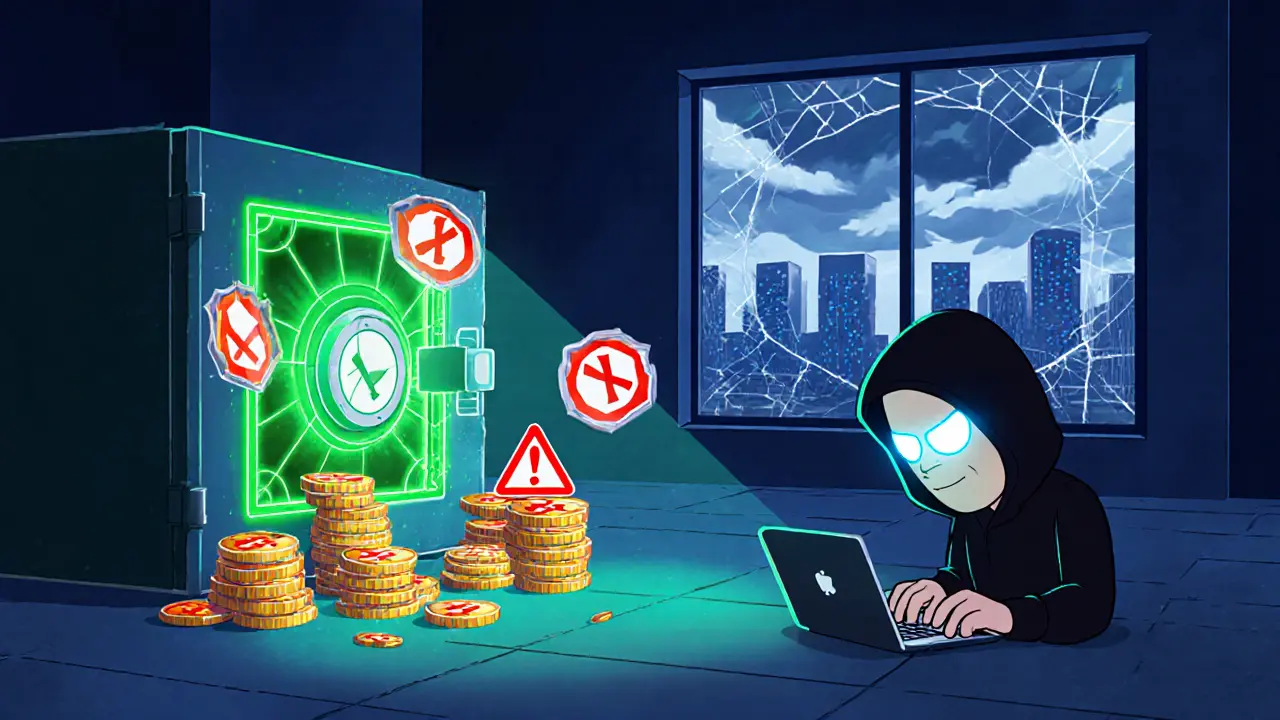 Cartoon hacker attempts to breach a green‑address vault as digital coins spill out.