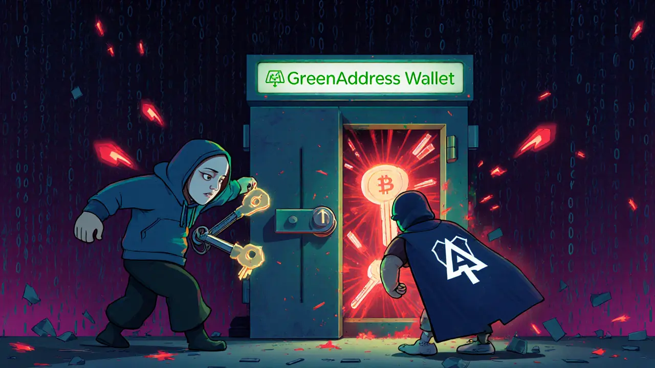 Cartoon hacker trying to breach GreenAddress vault, alarms flashing.