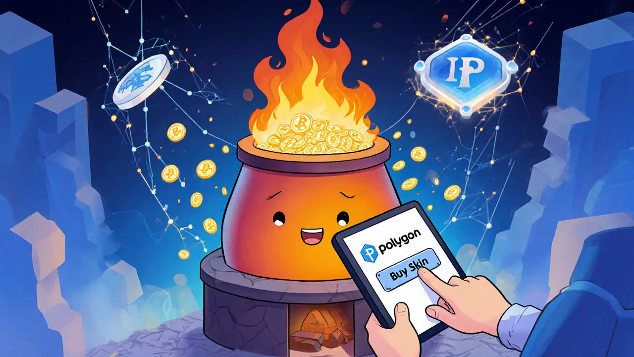 Pixar illustration of ICE tokens being burned in a friendly furnace with Polygon network accents.
