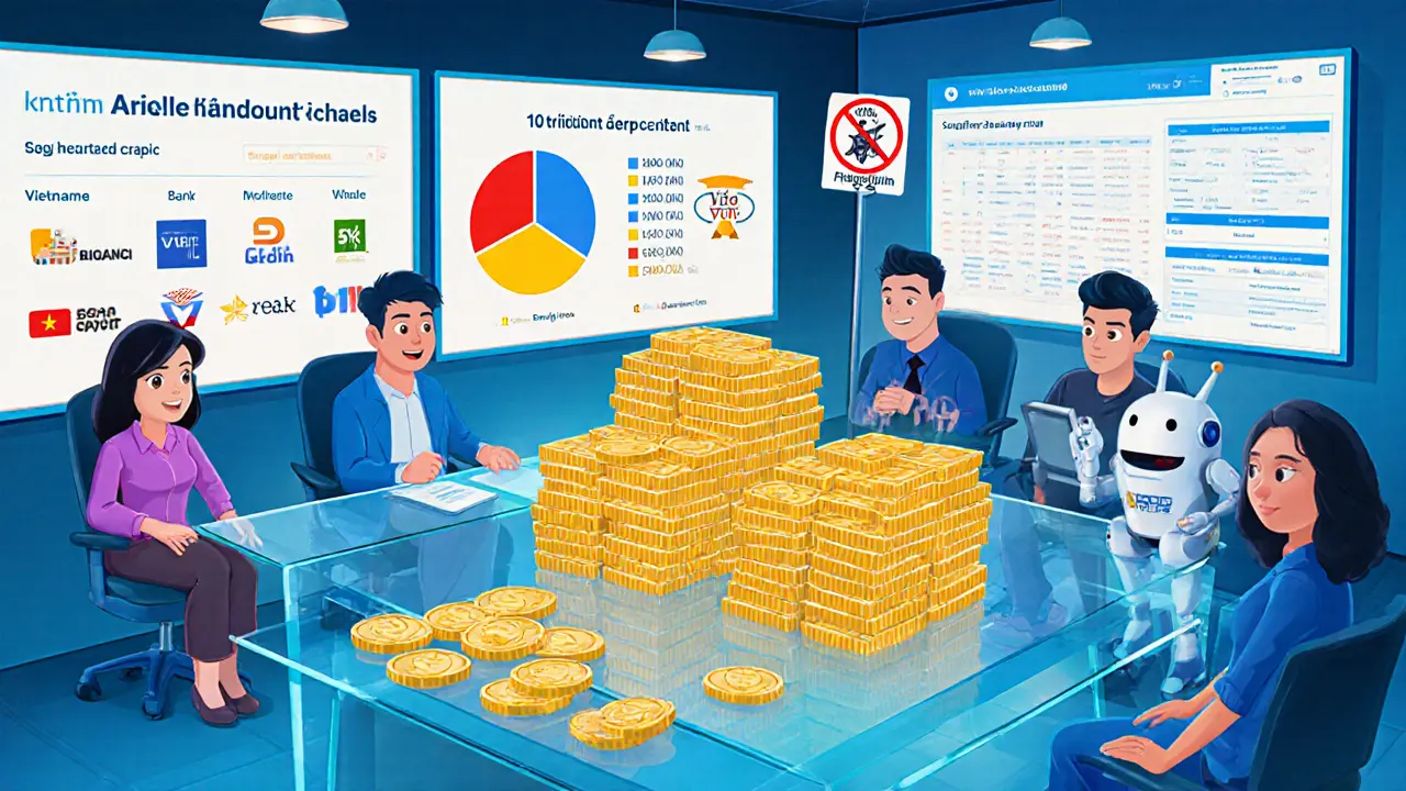 Animated crypto exchange office showing capital stacks and ownership charts.
