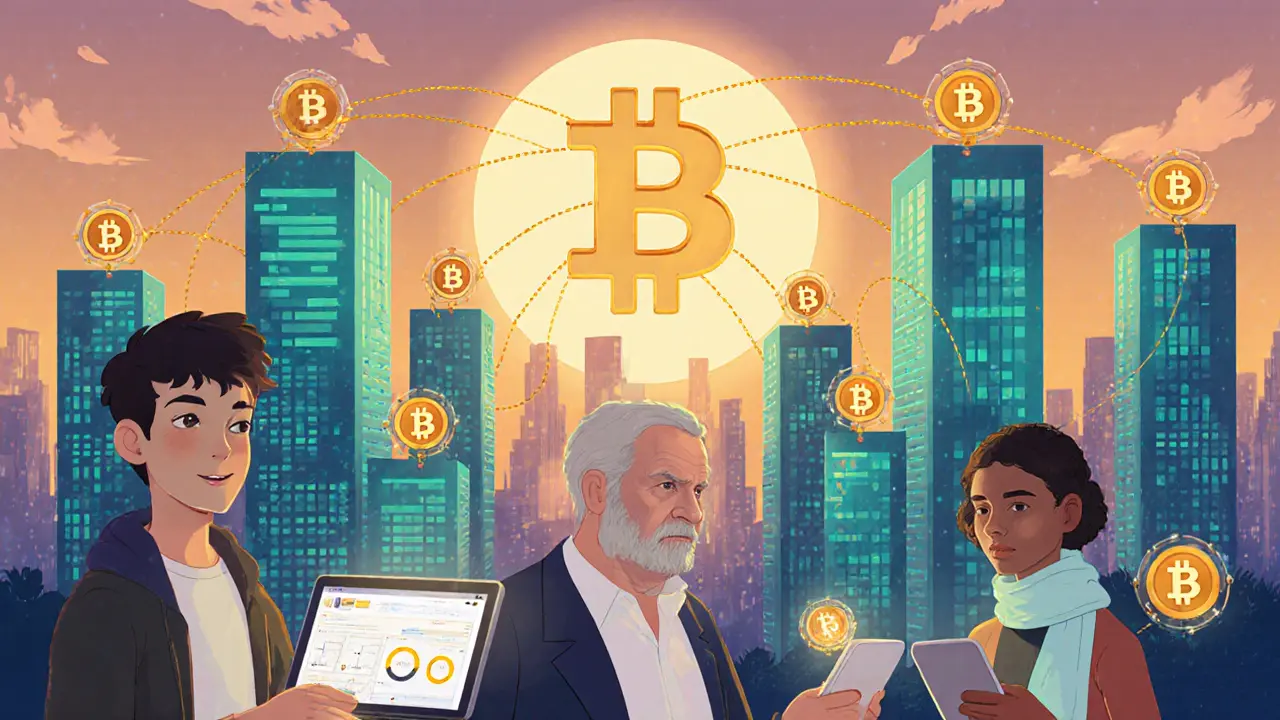 Cartoon of a futuristic city with people using laptops to stake, showing a thriving PoS network.