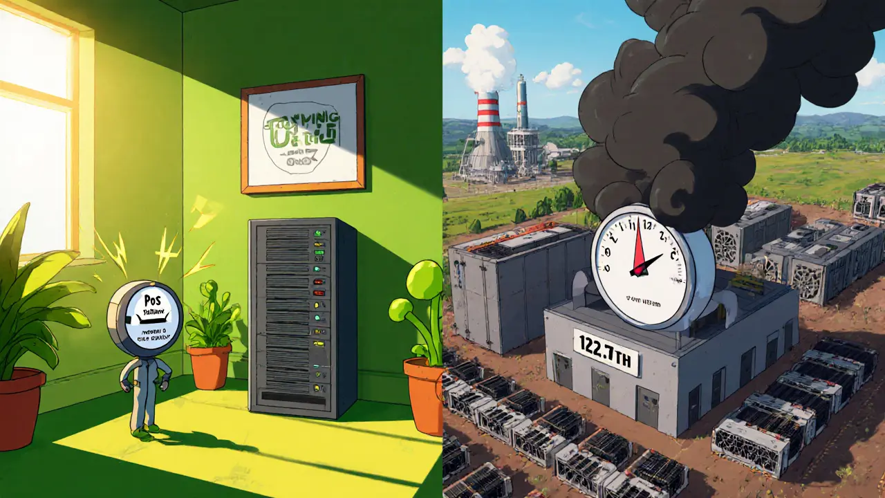 Cartoon split showing a small green server for PoS next to a huge smoky power plant for PoW, illustrating energy use.