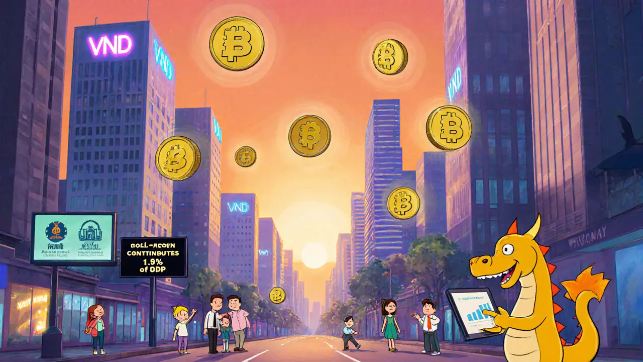 Futuristic Vietnamese city with VND wallets and gold‑backed tokens.
