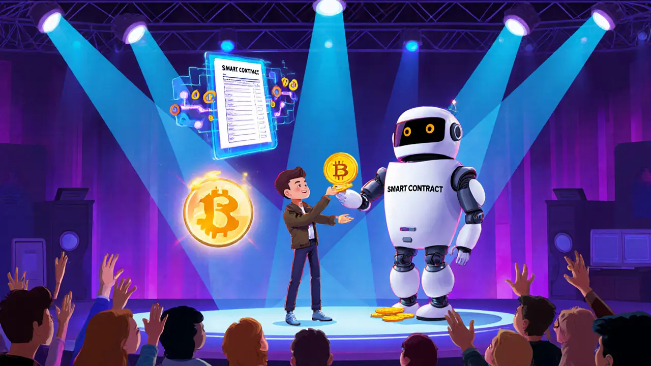 Musician receiving golden royalty coins from a robot smart contract.