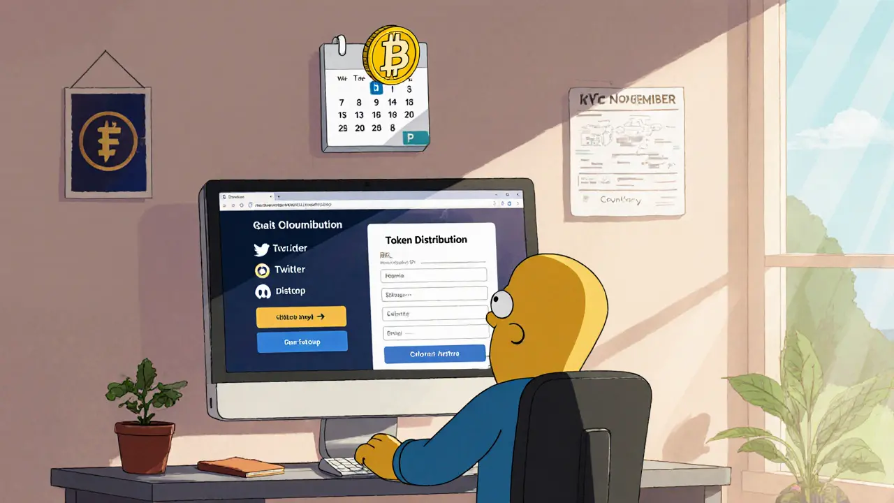 Animated character at a computer completing airdrop tasks: wallet connection, Twitter, Discord, KYC.
