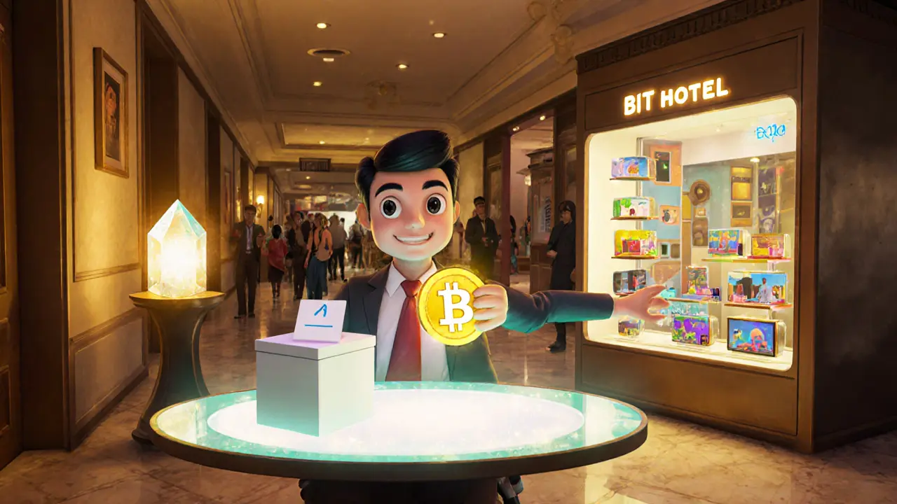 Avatar holding BTH token while voting, buying NFT, and staking, shown in Pixar cartoon style.