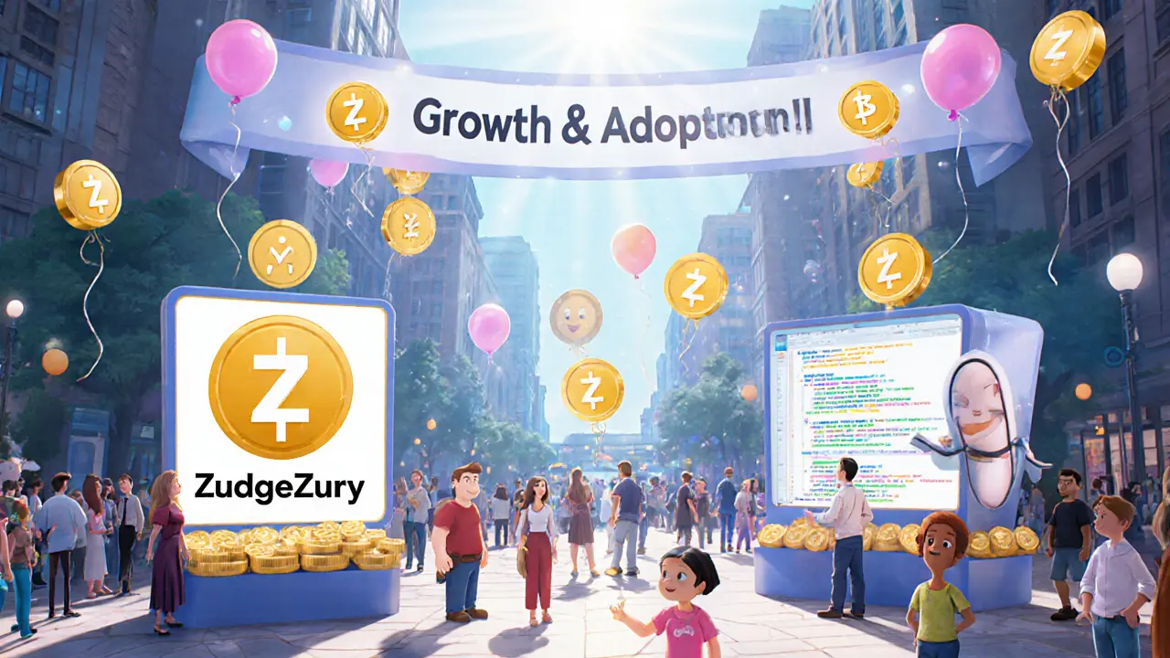 Busy digital plaza showing diverse users celebrating ZudgeZury token adoption.