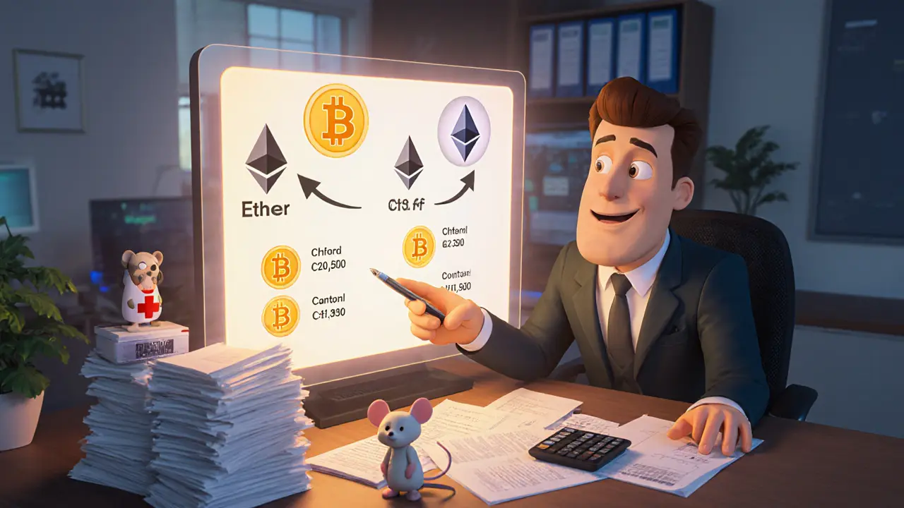 Cartoon accountant reviews holographic crypto values and cantonal tax rates in an office.