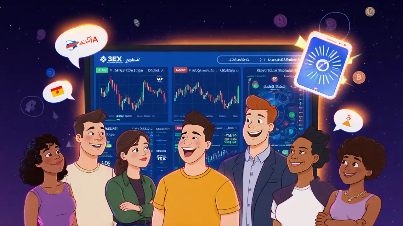 Diverse users interacting with 3EX AI tools on touchscreen, showing token radar.