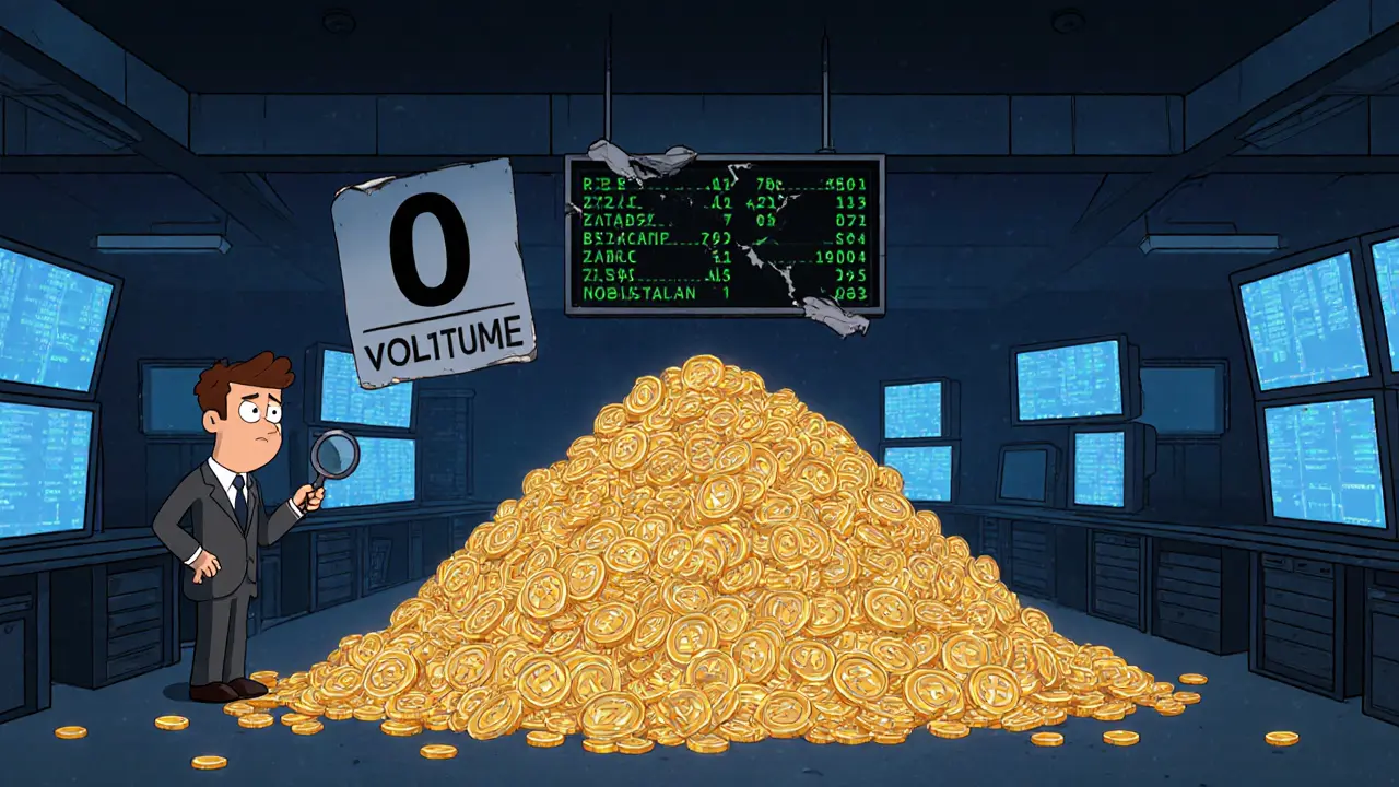 Empty exchange floor with a mountain of tiny ZZC tokens and a 0 volume sign.