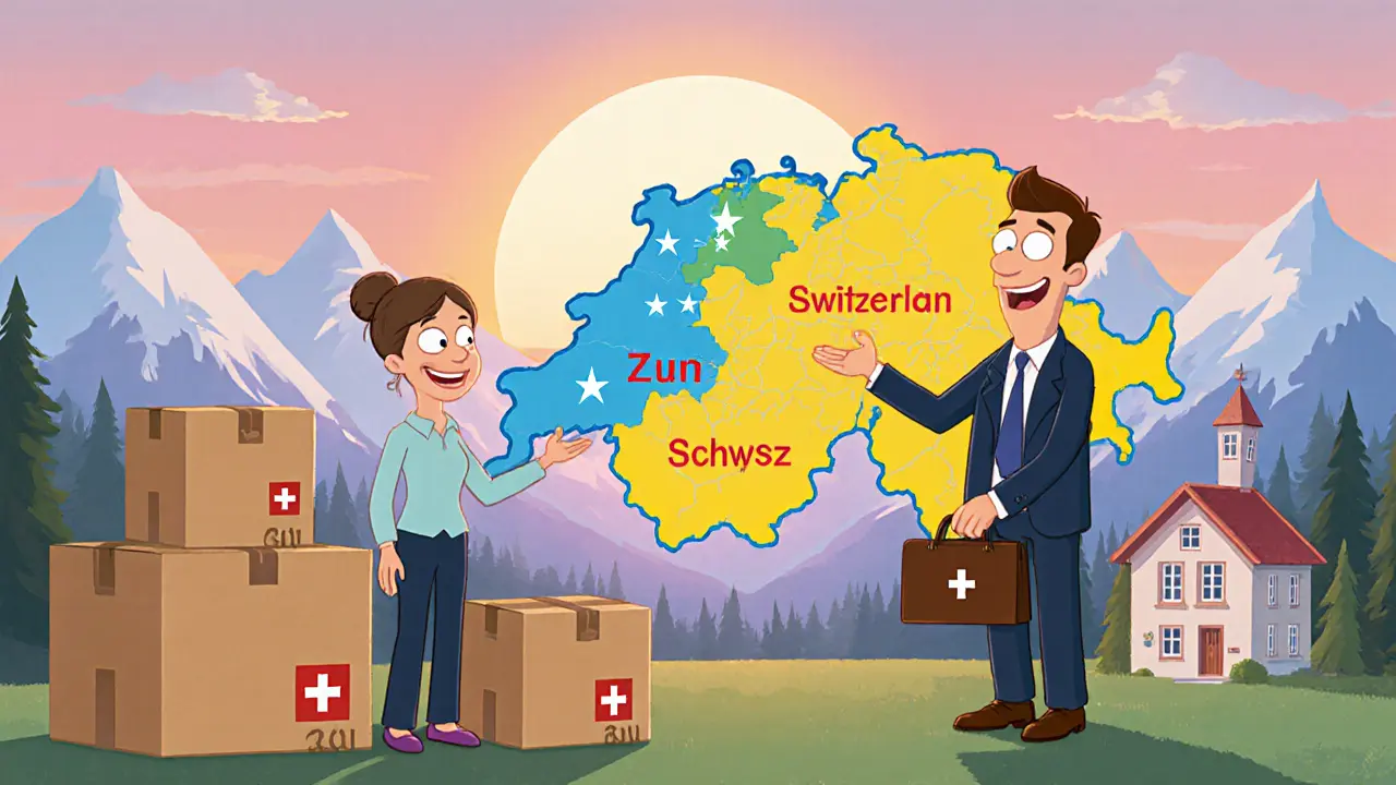 Family moves to low‑tax canton with advisor pointing at Swiss map and Alpine sunset.