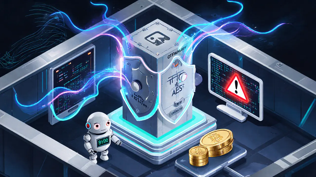 Futuristic security center showing TLS, AES shields and cold wallet vault.