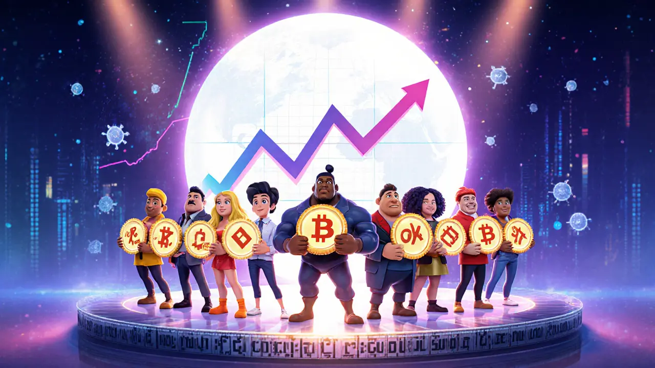 Group of ten exchange mascot characters on a stage with a rising index chart behind them.