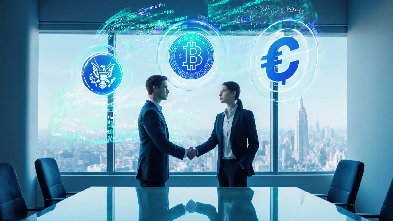 Pixar-style business partners shaking hands over a crypto contract with smart‑contract code floating around.