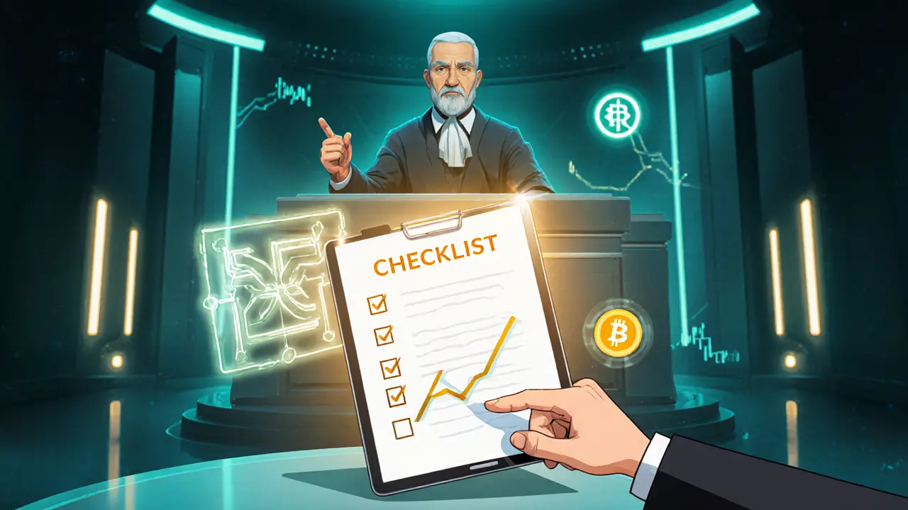 Pixar-style futuristic scene showing a crypto contract checklist beside a glowing blockchain fork diagram.