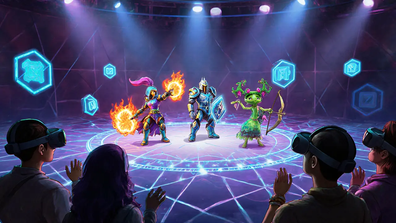 Pixar‑style scene of a fantasy MOBA arena with NFT heroes and holographic mesh effects.
