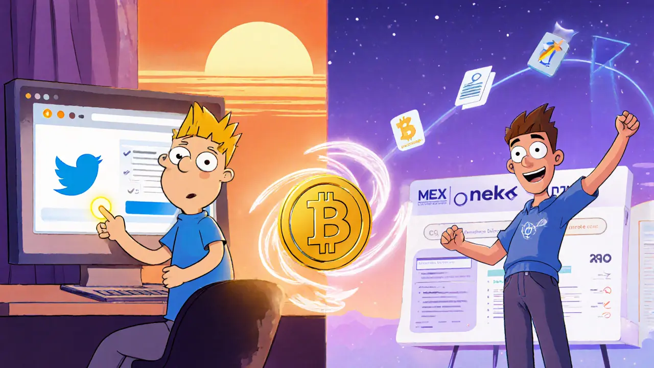 Split view of a character linking a wallet on Twitter and another voting on proposals, Pixar illustration.