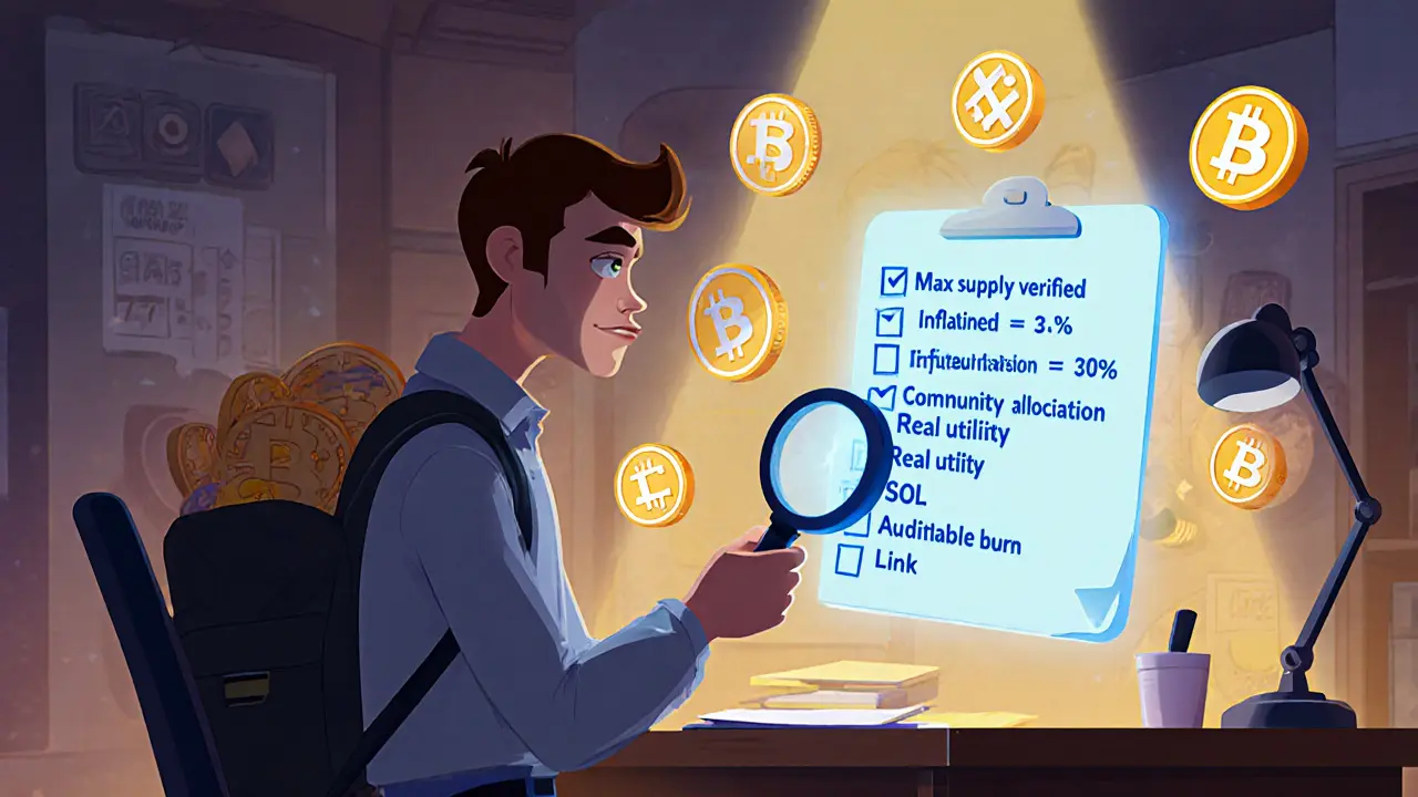 Cartoon analyst examines a holographic token checklist with floating crypto symbols.