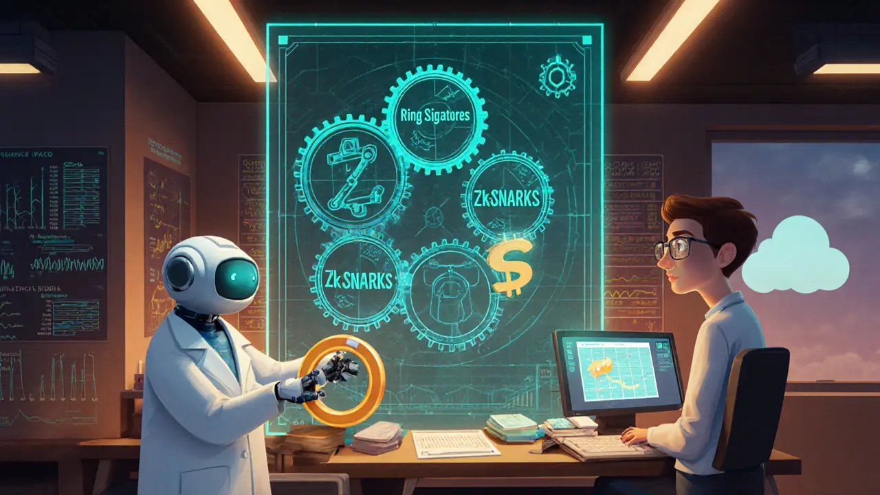 Cartoon lab with engineers designing a hybrid privacy coin using rings and proofs.