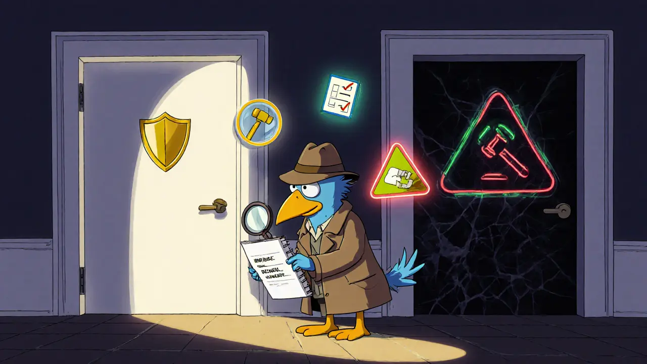 Detective bird examining a contract address beside safe and risky doors.