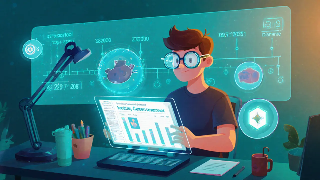 Developer works at a holographic desk testing OQS library, with a timeline of Microsoft's quantum roadmap.