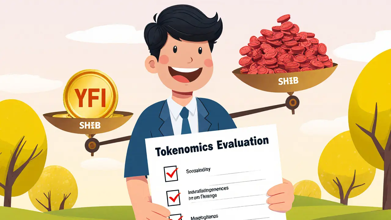 Investor with checklist looks at a scale comparing YFI and SHIB tokens.