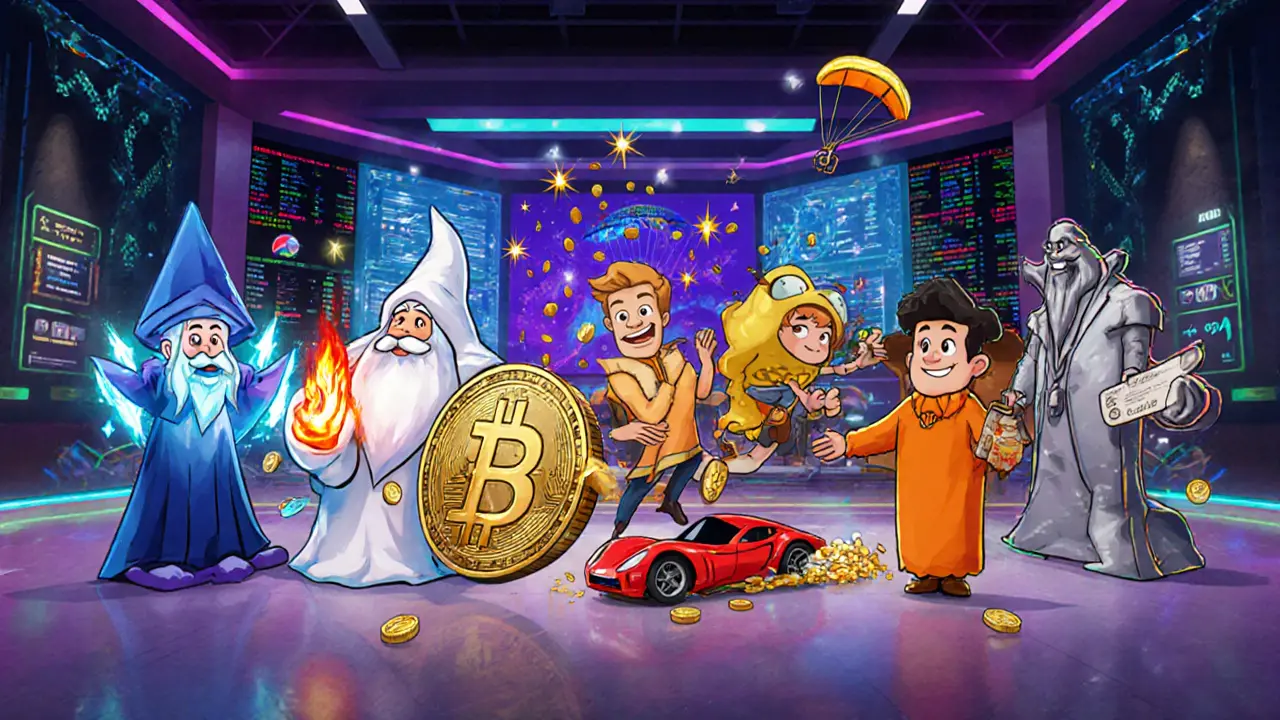 Pixar‑style token mascots of Ethereum, Avalanche, BNB, Solana, Hyperliquid, and Chainlink showcase their features.