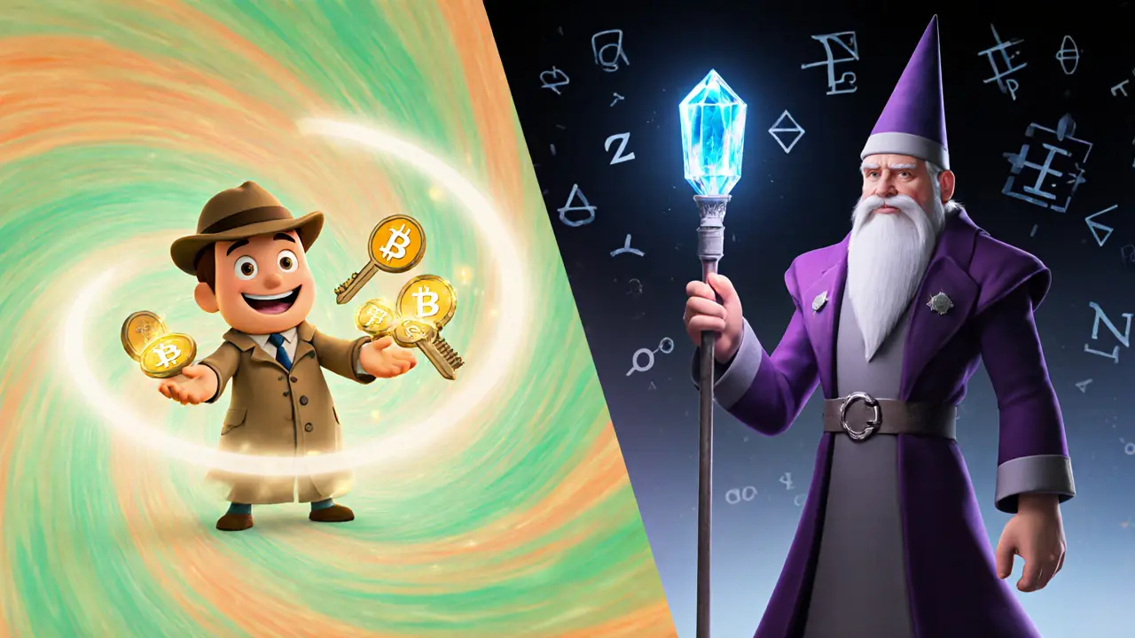 Split view: Monero miner mixing decoys and Zcash wizard creating a tiny proof.