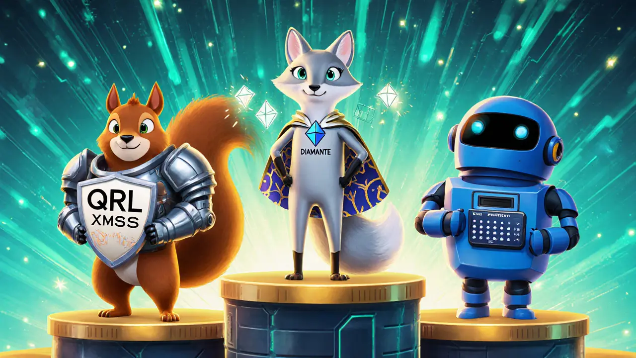 Three characters personify QRL, Diamante, and Project Zond on a bright ledger platform with tech symbols.