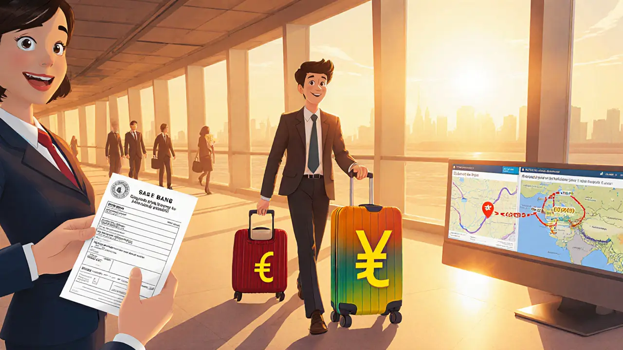 Airport scene with traveler carrying an e‑CNY suitcase, digital wallet, and bank officer offering a SAFE quota form.