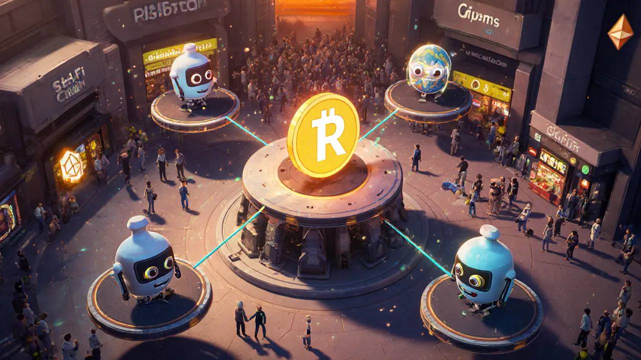 Animated hub with FIS robot, validator nodes, and rTokens orbiting different chains.