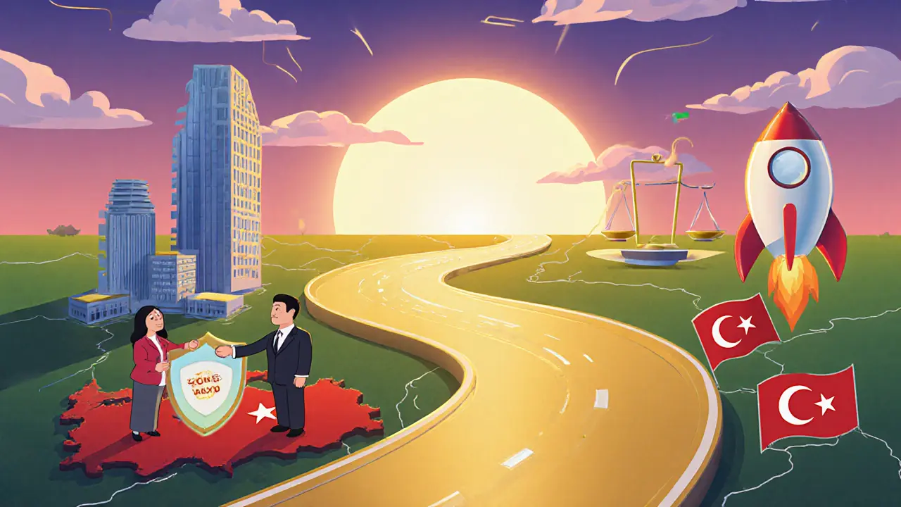 Animated roadmap showing regulatory symbols, rocket launch, and balanced scale toward sunrise.