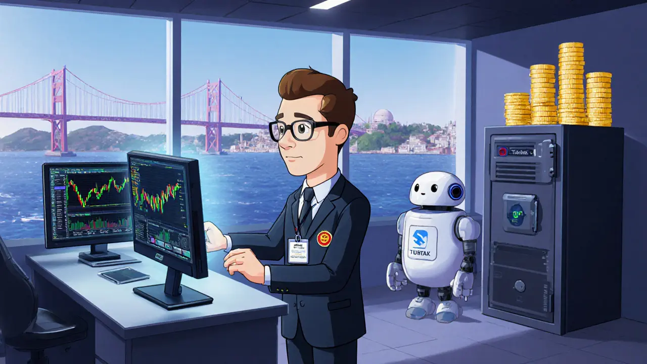 Cartoon crypto exchange office with monitors, compliance officer, security robot, and gold coins.