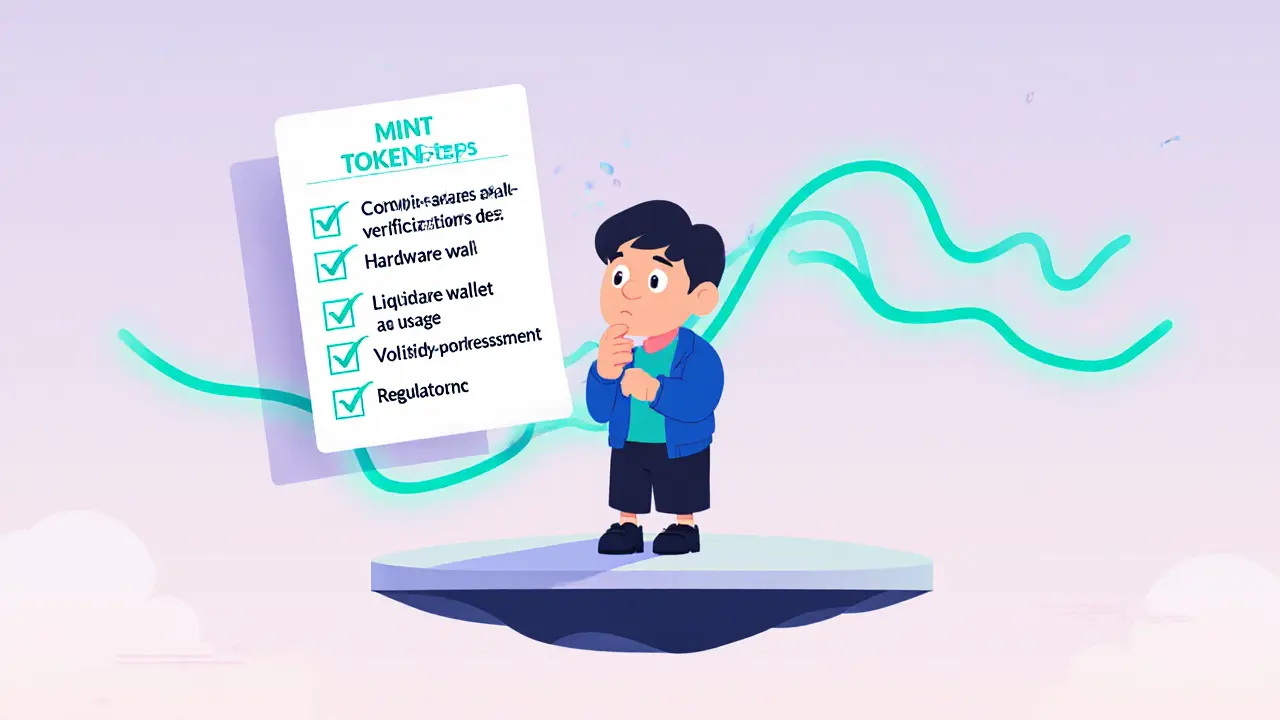Character reviewing a floating safety checklist and volatile price wave for MT.
