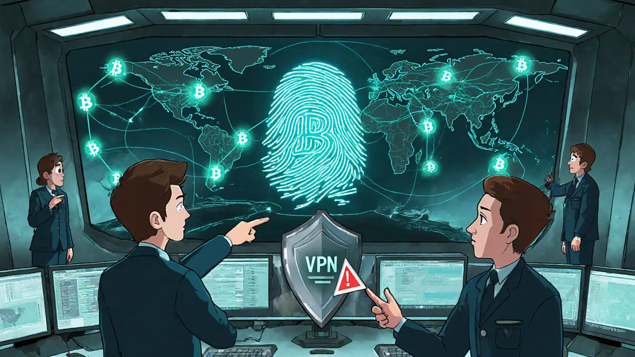 Control room with agents monitoring holographic Bitcoin data and a digital fingerprint, showing VPN attempts flagged.