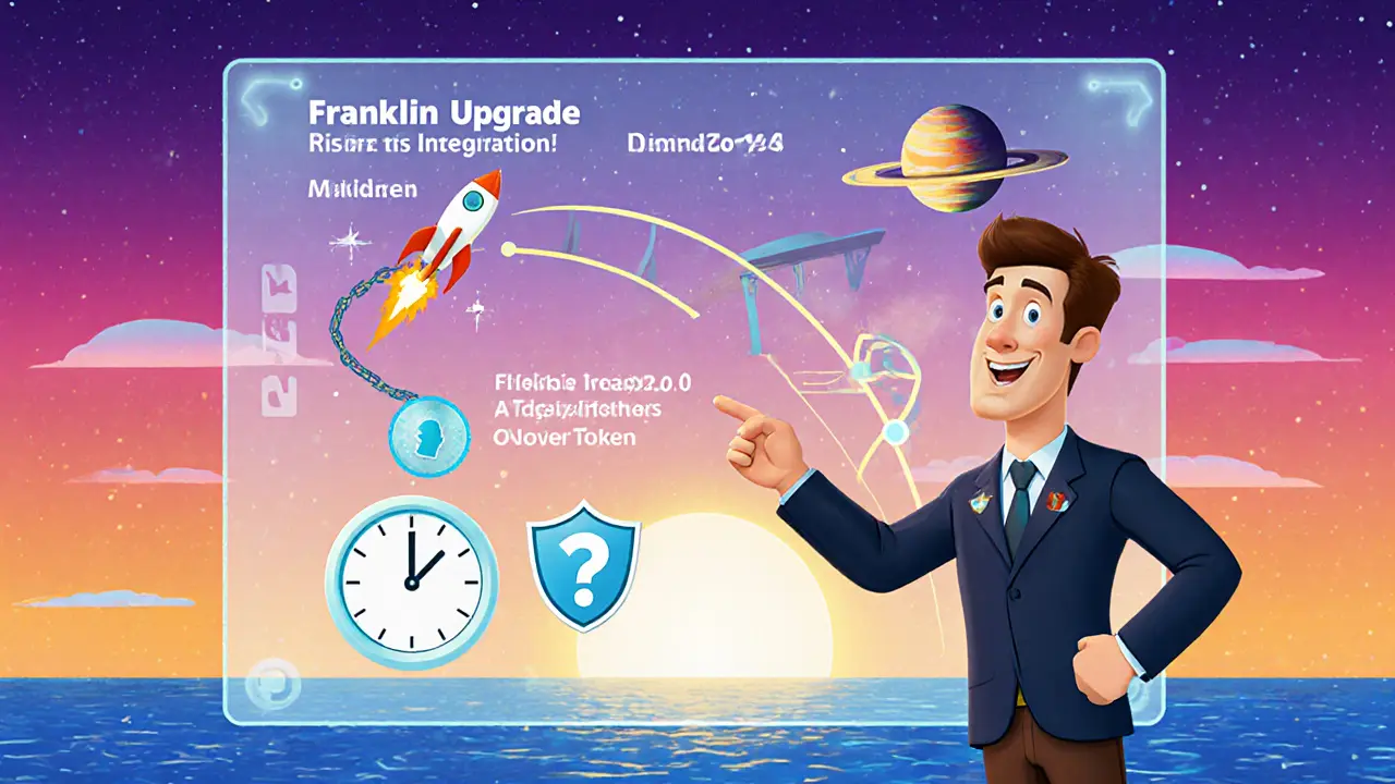 Guide points to a holographic roadmap showing upgrades, rockets, and risk meter.