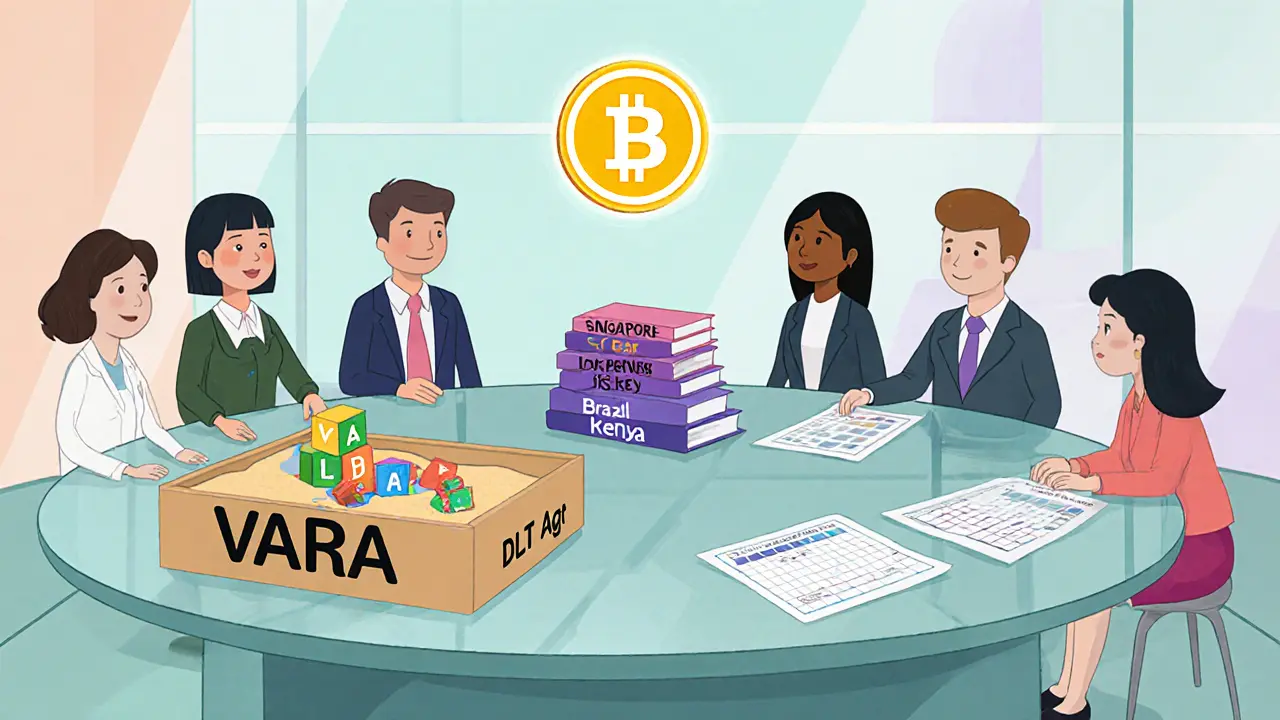 Animated conference table with representatives discussing sandbox, licensing, and tax symbols for crypto policy.