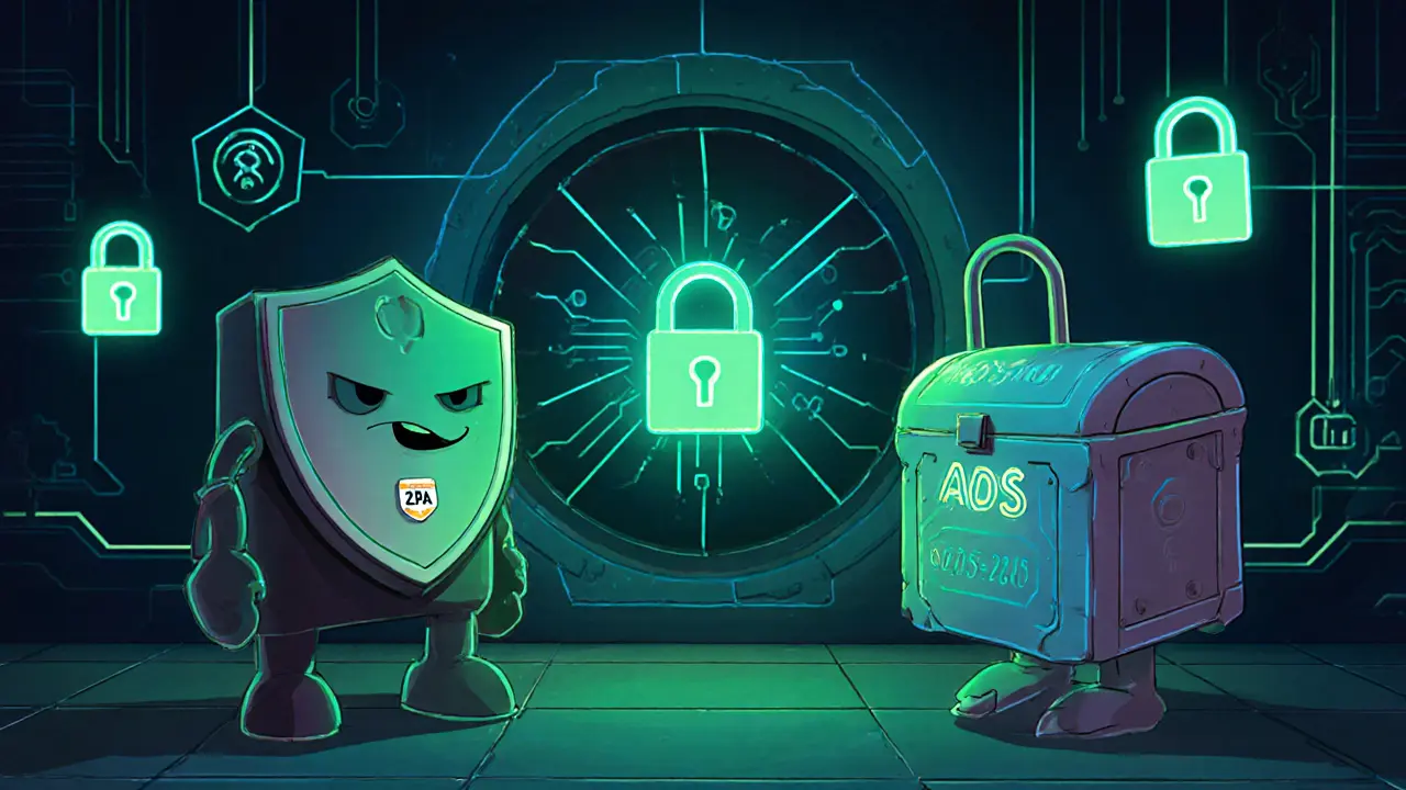 Cartoon vault scene with shield guard, hardware wallet, and lock icons representing security.