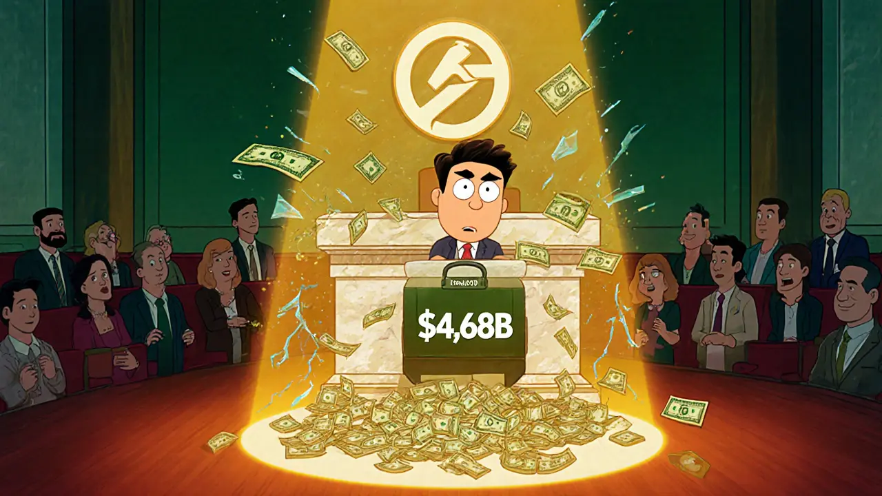 Do Kwon in a courtroom as a giant .68B briefcase spills dollar bills, TerraUSD logo cracks.