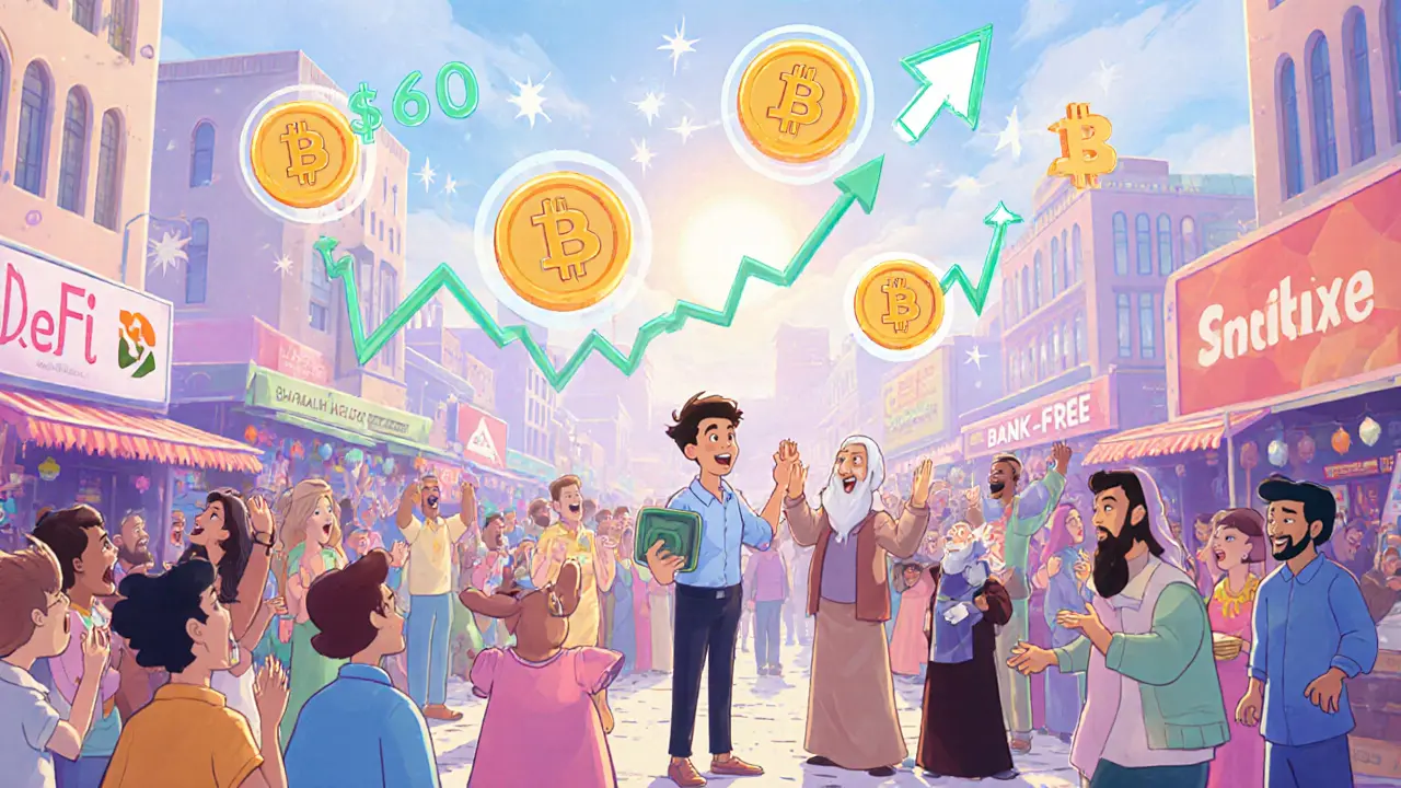 Future market square with holographic crypto symbols and hopeful crowd.