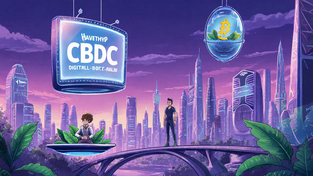 Futuristic skyline showing CBDC billboards, cross‑border bridges, and eco‑friendly crypto startup pods.
