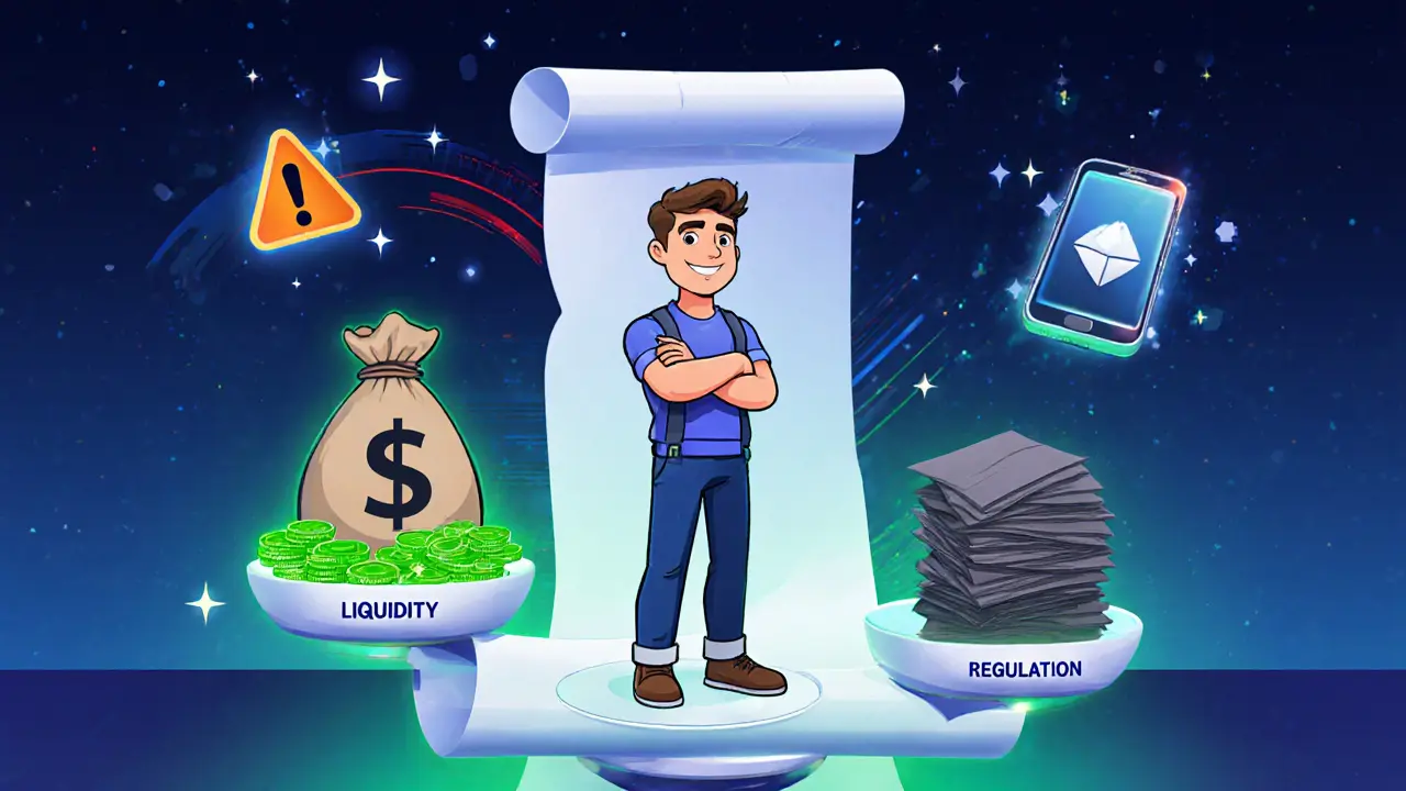 Gamer on a scale balancing liquidity bags and regulation papers, with a roadmap to a mobile app.