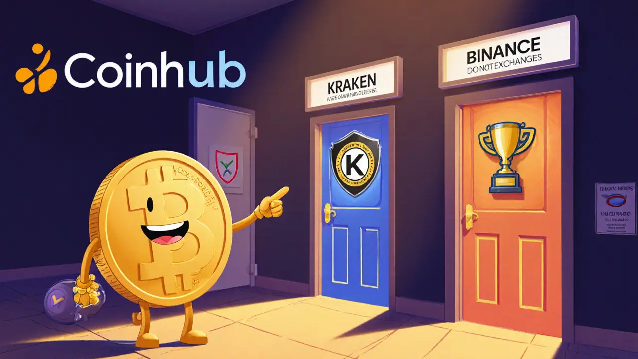 Guide character directs user to Coinbase, Kraken, and Binance doors as safe alternatives.