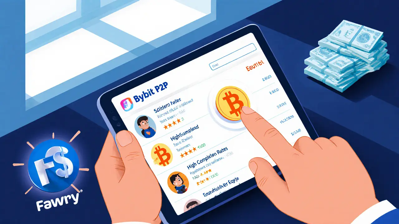 Hand using Bybit P2P app with Bitcoin icon and Egyptian pounds nearby.
