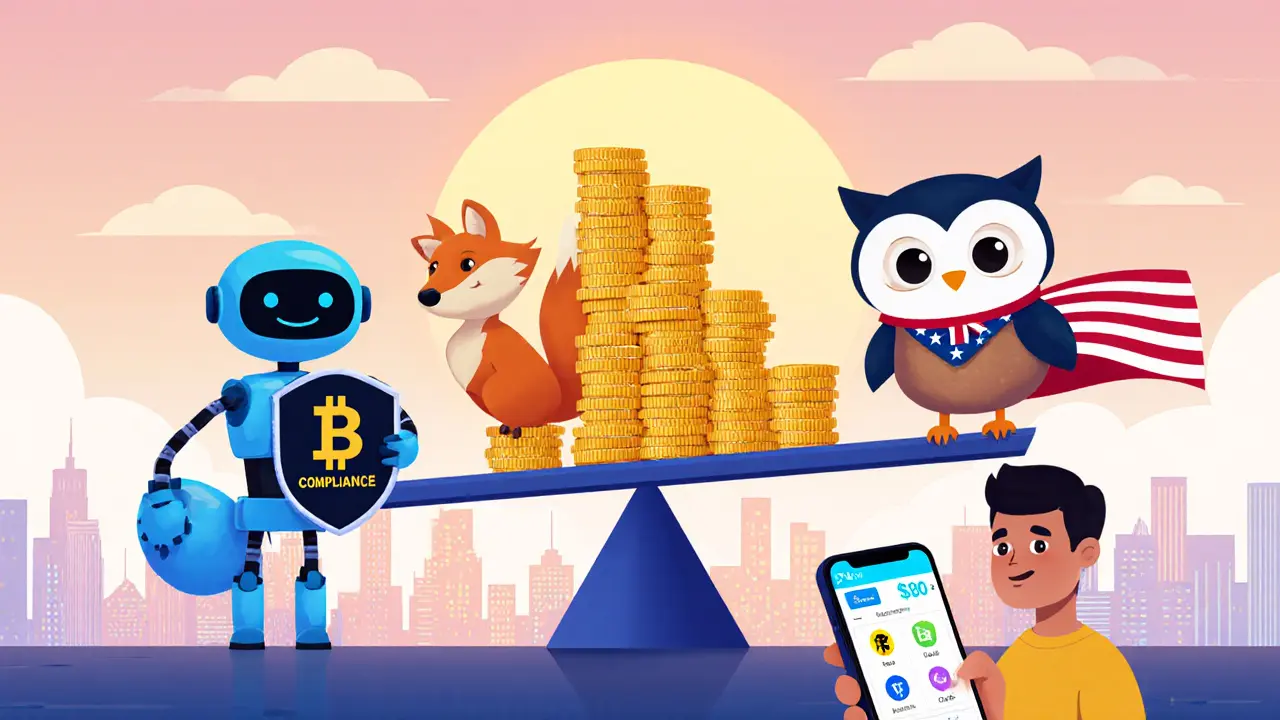 Pixar-style scale comparing Kyrrex, Binance, and Coinbase with a user holding a Kyrrex mobile app.