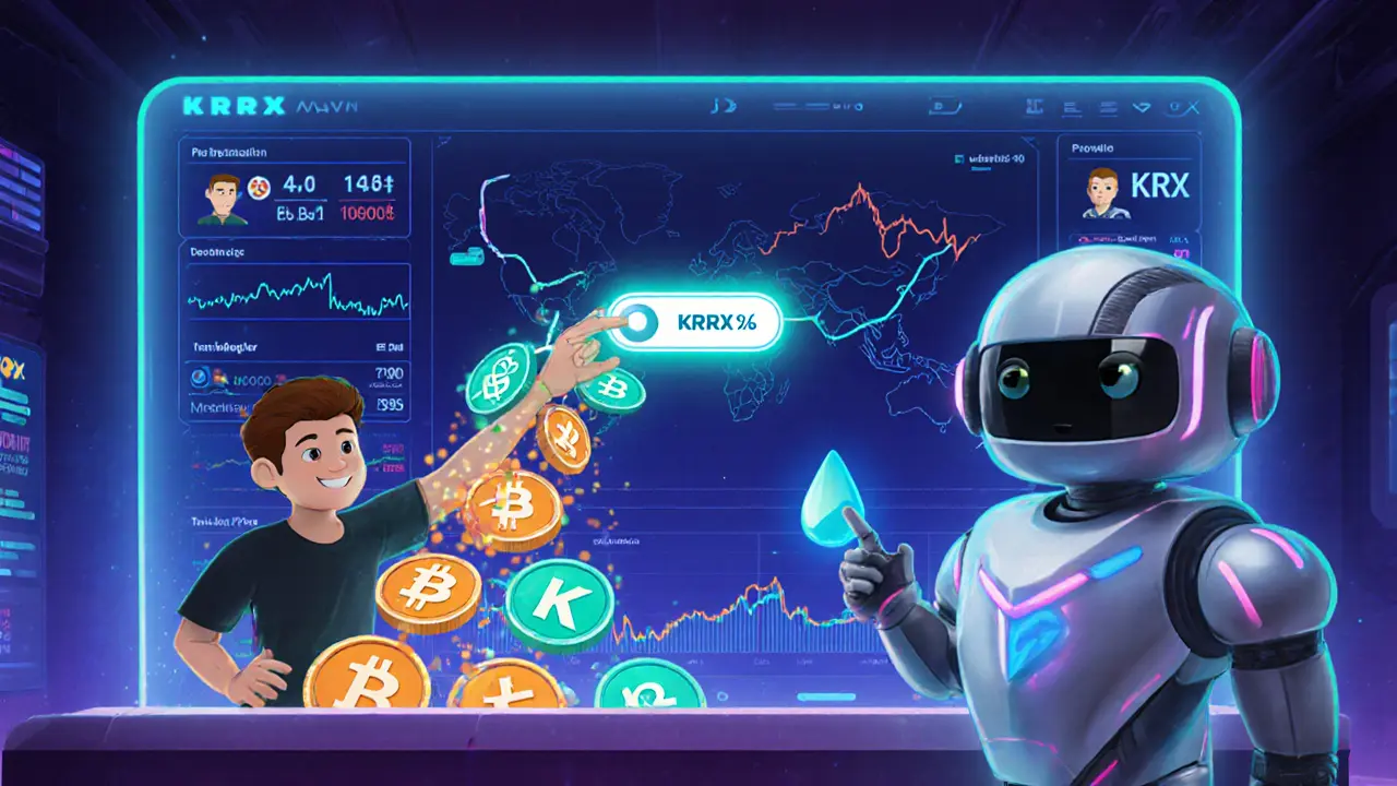 Pixar-style trading room showing user activating KRRX discount toggle with glowing tokens.