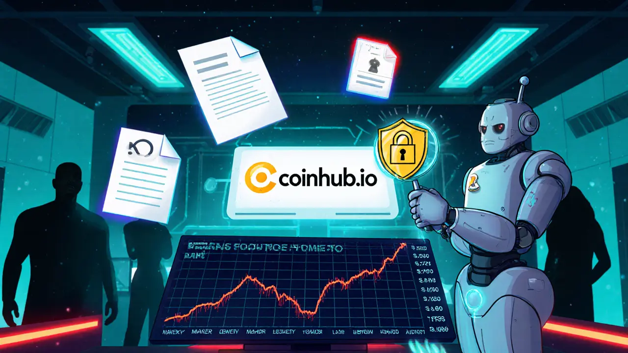 Robot auditor examines Coinhub.io hologram with missing audit and KYC icons.