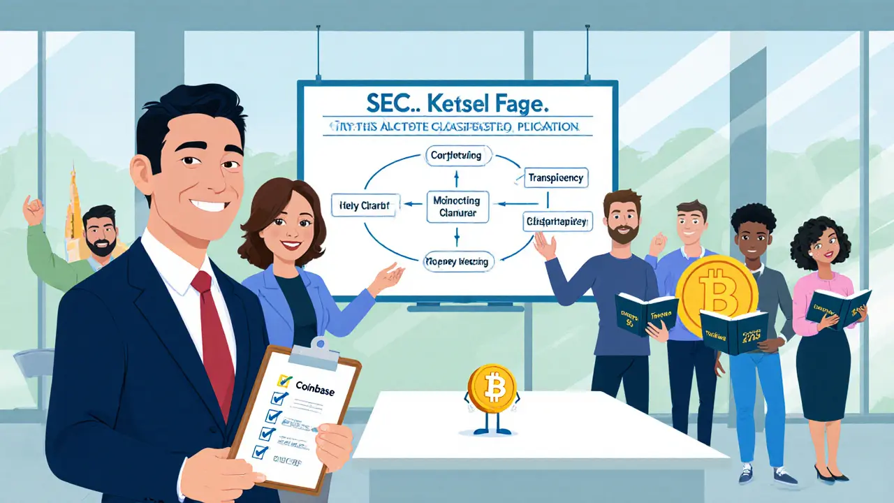 SEC task force leaders presenting token guidance to hopeful crypto founders in a bright room.