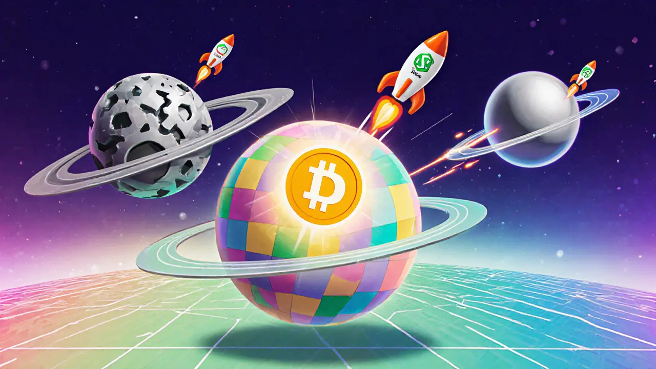 Three cartoon planets representing Ethereum, Polygon, and Solana connected by MetaMask and Phantom rockets.